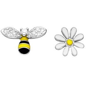 Sterling Silver Cubic Zirconia Bee And Daisy Asymmetrical Stud Earrings